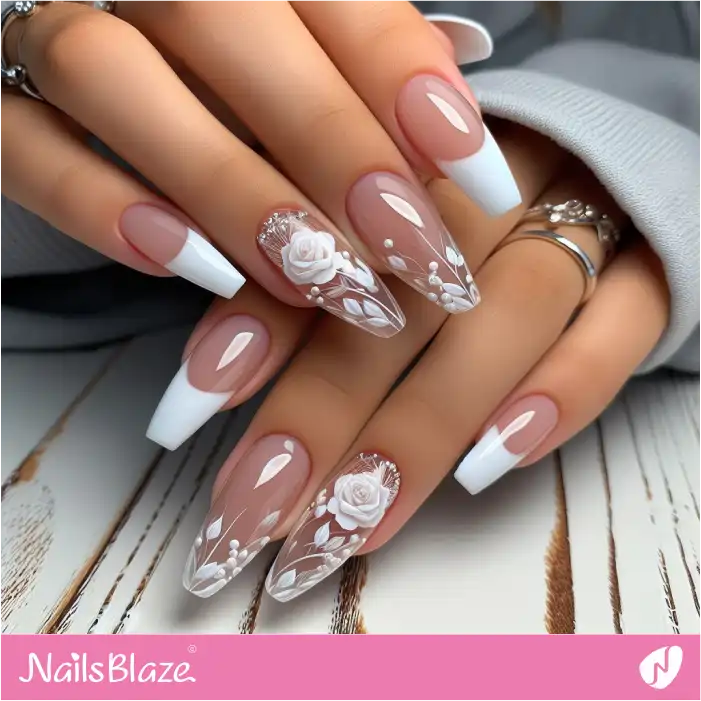 White French Tips with White Rose | French Manicure - NB3608